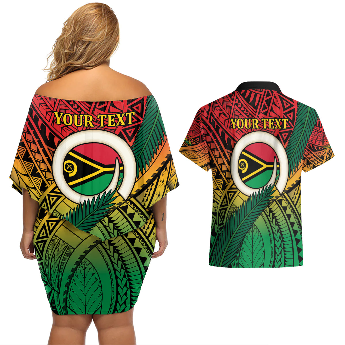Personalised Vanuatu Yumi 44th Indipendens Dei Couples Matching Off Shoulder Short Dress and Hawaiian Shirt Vanuatuan Broad Tusk with Polynesian Tribal