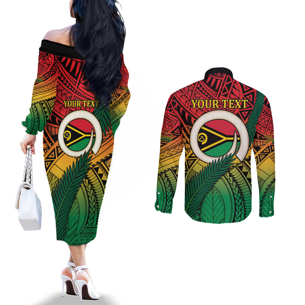 Personalised Vanuatu Yumi 44th Indipendens Dei Couples Matching Off The Shoulder Long Sleeve Dress and Long Sleeve Button Shirt Vanuatuan Broad Tusk with Polynesian Tribal