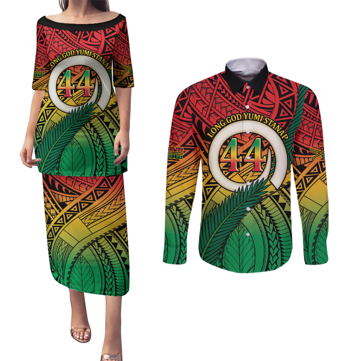 Personalised Vanuatu Yumi 44th Indipendens Dei Couples Matching Puletasi and Long Sleeve Button Shirt Vanuatuan Broad Tusk with Polynesian Tribal