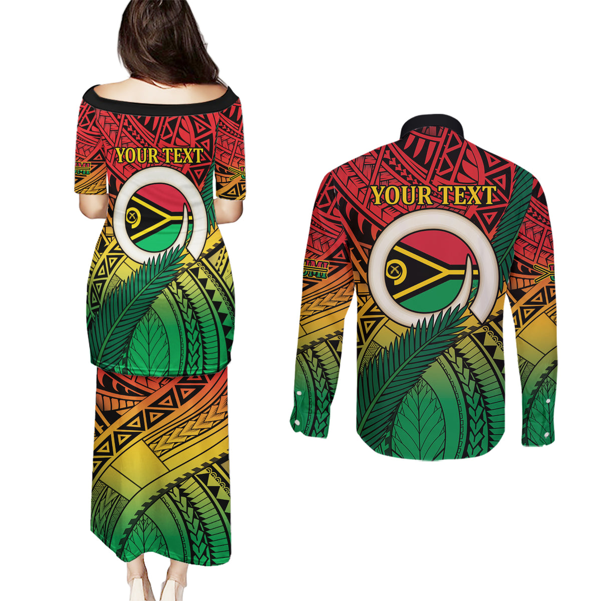 Personalised Vanuatu Yumi 44th Indipendens Dei Couples Matching Puletasi and Long Sleeve Button Shirt Vanuatuan Broad Tusk with Polynesian Tribal
