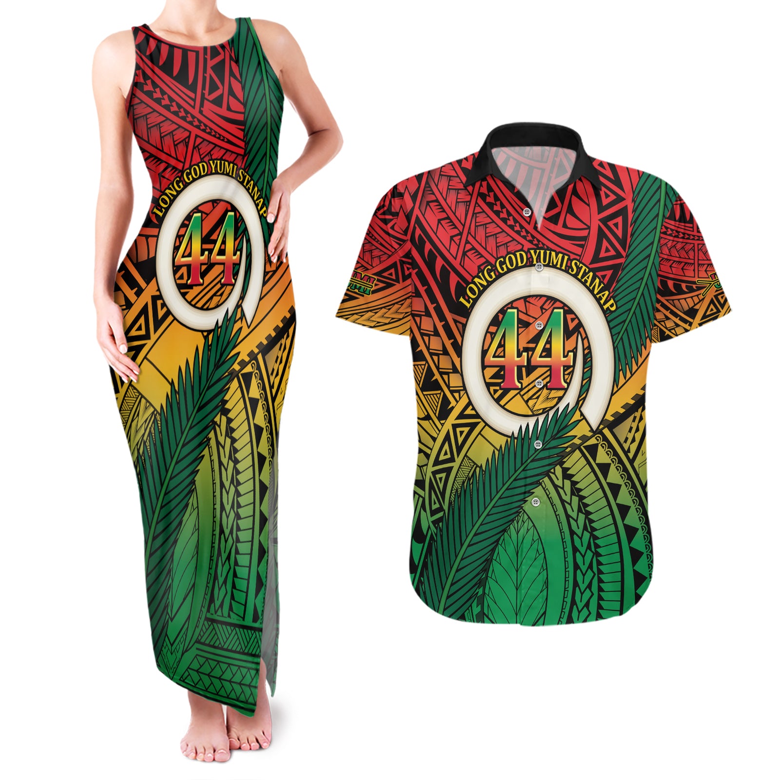 Personalised Vanuatu Yumi 44th Indipendens Dei Couples Matching Tank Maxi Dress and Hawaiian Shirt Vanuatuan Broad Tusk with Polynesian Tribal