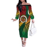 Personalised Vanuatu Yumi 44th Indipendens Dei Family Matching Off The Shoulder Long Sleeve Dress and Hawaiian Shirt Vanuatuan Broad Tusk with Polynesian Tribal LT9 Mom's Dress Reggae - Polynesian Pride