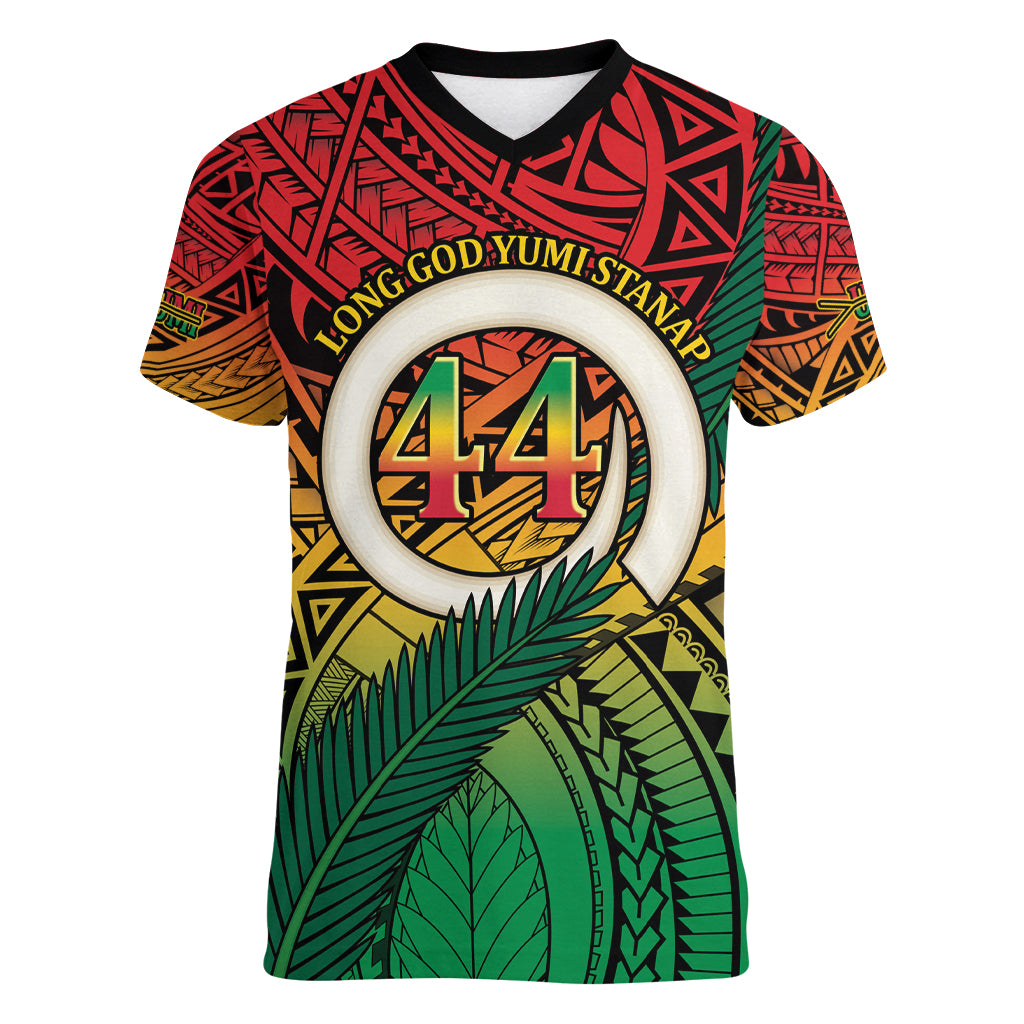 Personalised Vanuatu Yumi 44th Indipendens Dei Women V Neck T Shirt Vanuatuan Broad Tusk with Polynesian Tribal