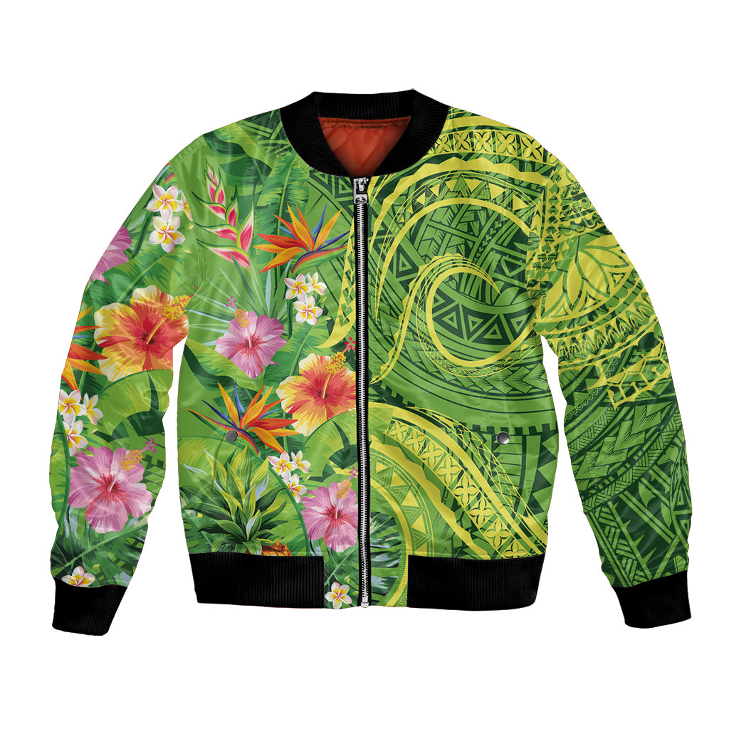 Polynesian Tribal Flower Tattoo Bomber Jacket Special Lime Green Vibe LT9 Unisex Lime Green - Polynesian Pride