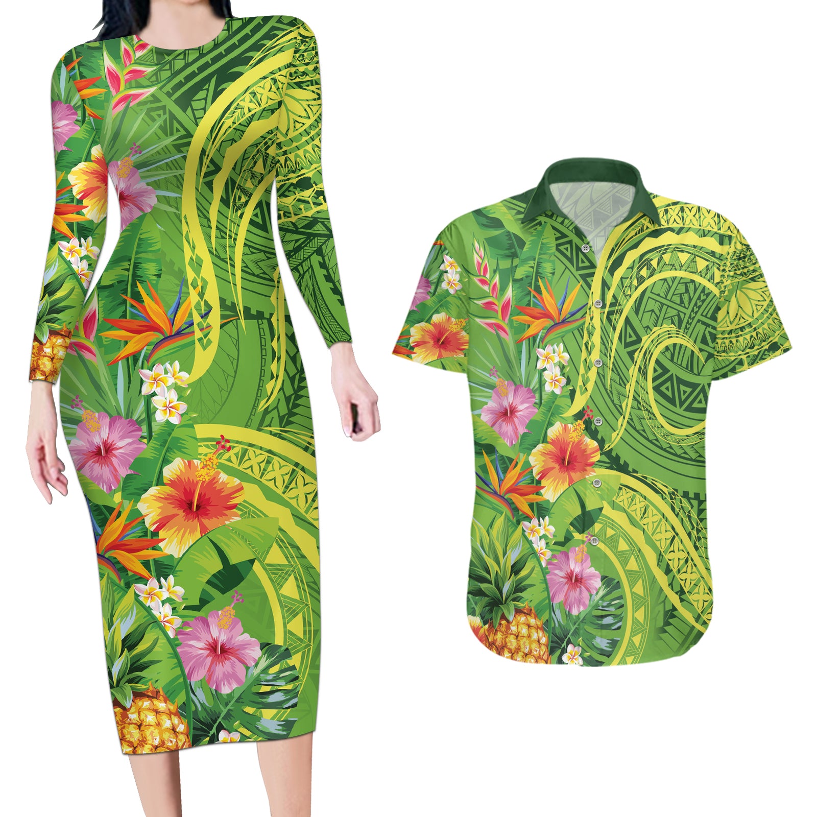 Polynesian Tribal Flower Tattoo Couples Matching Long Sleeve Bodycon Dress and Hawaiian Shirt Special Lime Green Vibe LT9 Lime Green - Polynesian Pride