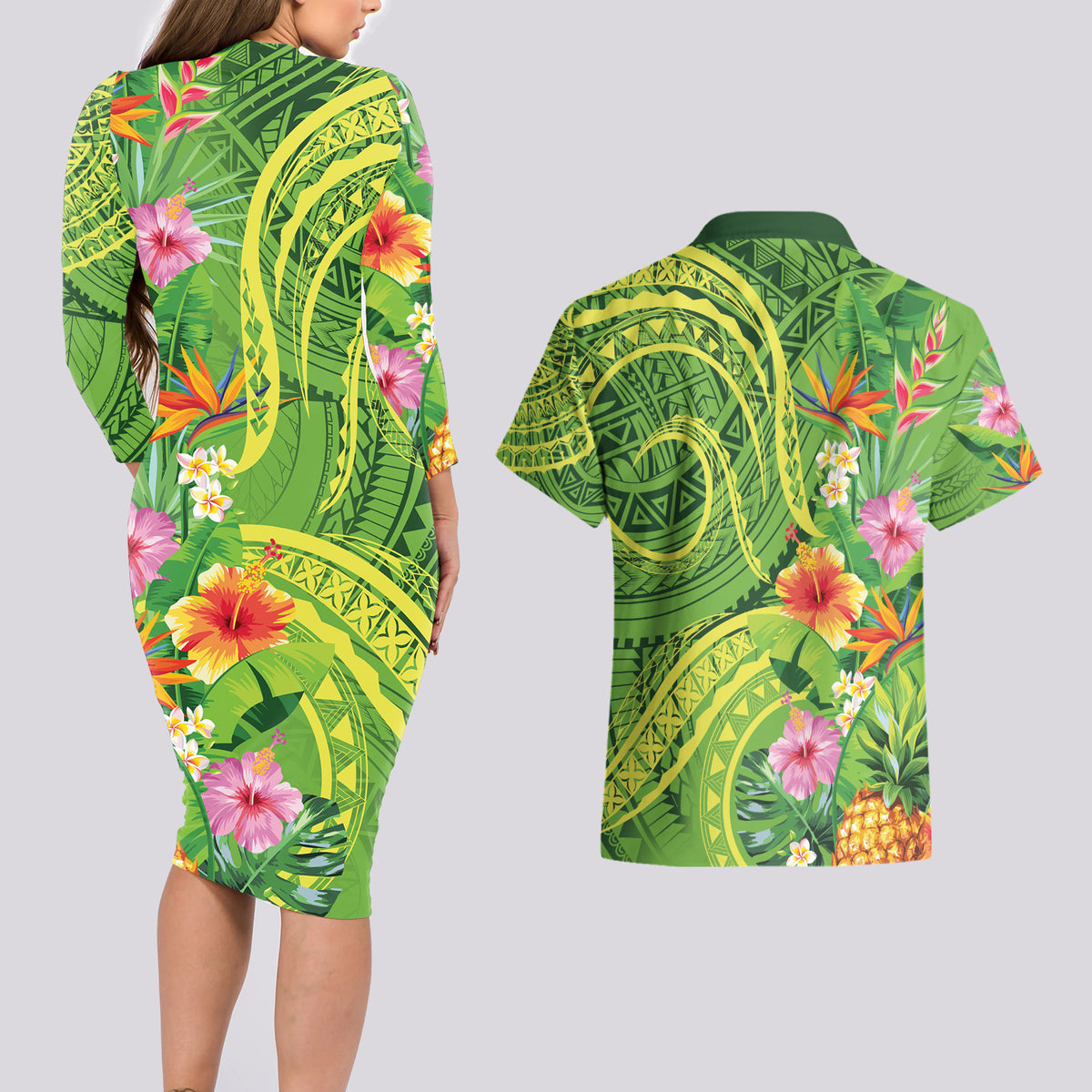Polynesian Tribal Flower Tattoo Couples Matching Long Sleeve Bodycon Dress and Hawaiian Shirt Special Lime Green Vibe LT9 - Polynesian Pride
