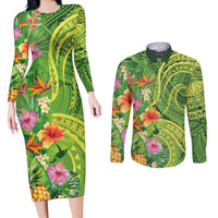 Polynesian Tribal Flower Tattoo Couples Matching Long Sleeve Bodycon Dress and Long Sleeve Button Shirt Special Lime Green Vibe