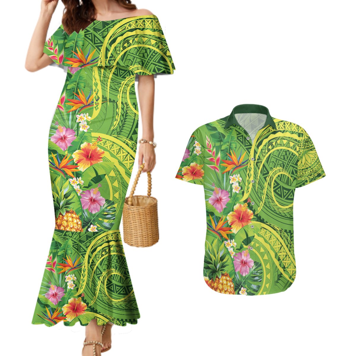 Polynesian Tribal Flower Tattoo Couples Matching Mermaid Dress and Hawaiian Shirt Special Lime Green Vibe LT9 Lime Green - Polynesian Pride