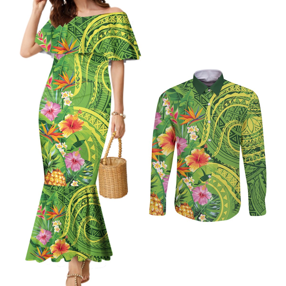 Polynesian Tribal Flower Tattoo Couples Matching Mermaid Dress and Long Sleeve Button Shirt Special Lime Green Vibe