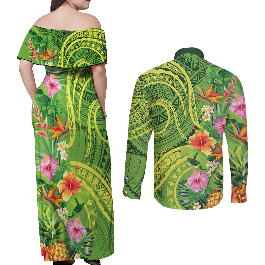 Polynesian Tribal Flower Tattoo Couples Matching Off Shoulder Maxi Dress and Long Sleeve Button Shirt Special Lime Green Vibe