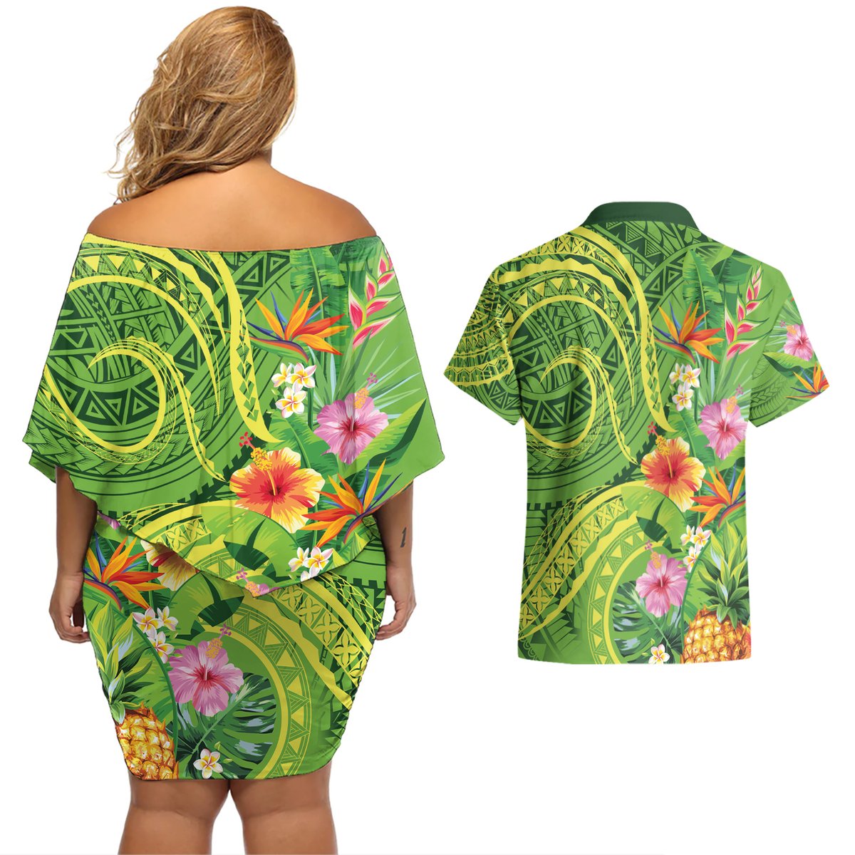 Polynesian Tribal Flower Tattoo Couples Matching Off Shoulder Short Dress and Hawaiian Shirt Special Lime Green Vibe