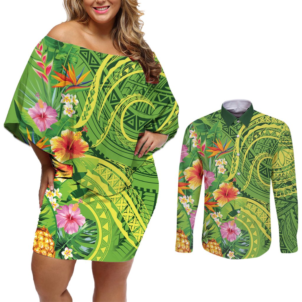 Polynesian Tribal Flower Tattoo Couples Matching Off Shoulder Short Dress and Long Sleeve Button Shirt Special Lime Green Vibe