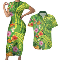 Polynesian Tribal Flower Tattoo Couples Matching Short Sleeve Bodycon Dress and Hawaiian Shirt Special Lime Green Vibe LT9 Lime Green - Polynesian Pride