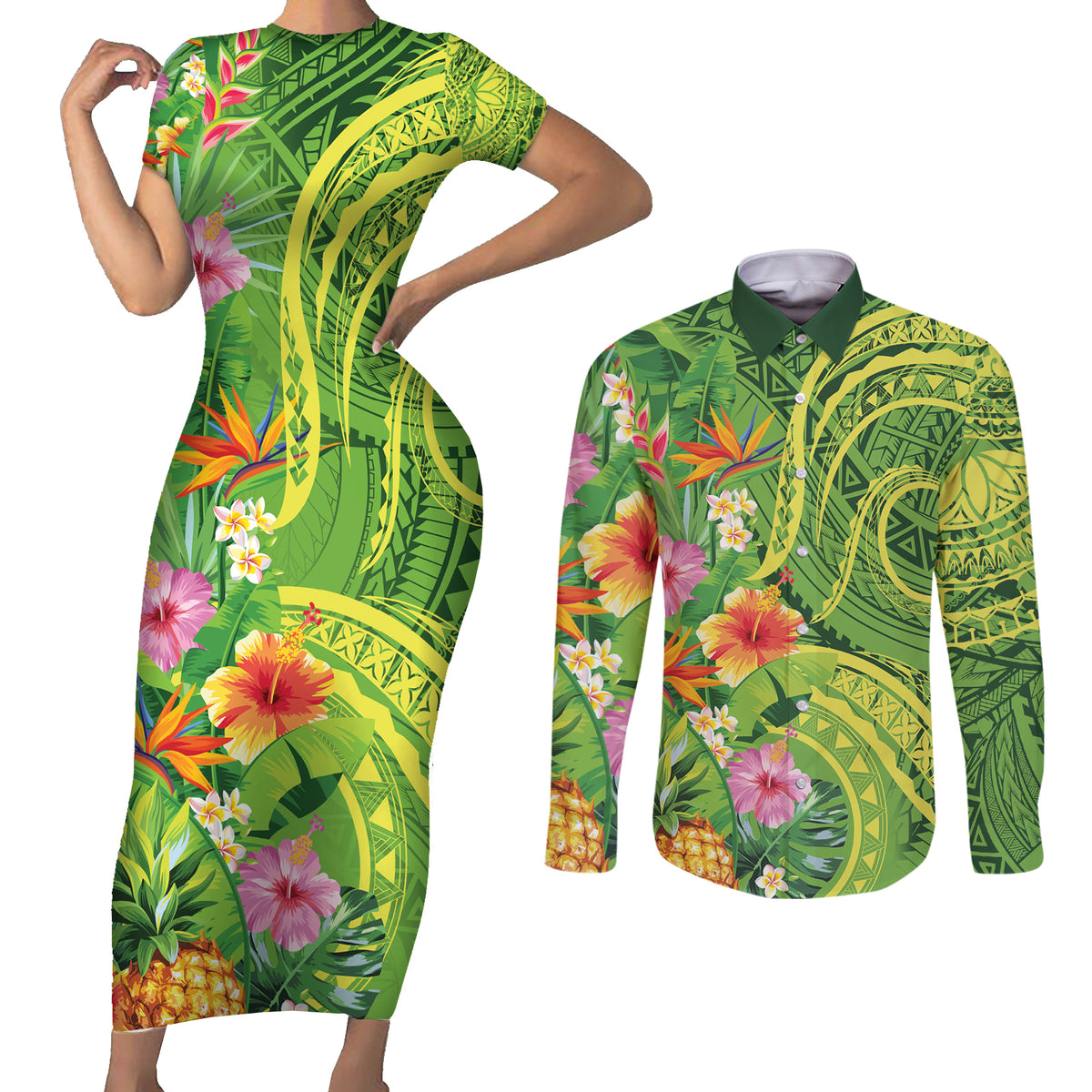 Polynesian Tribal Flower Tattoo Couples Matching Short Sleeve Bodycon Dress and Long Sleeve Button Shirt Special Lime Green Vibe