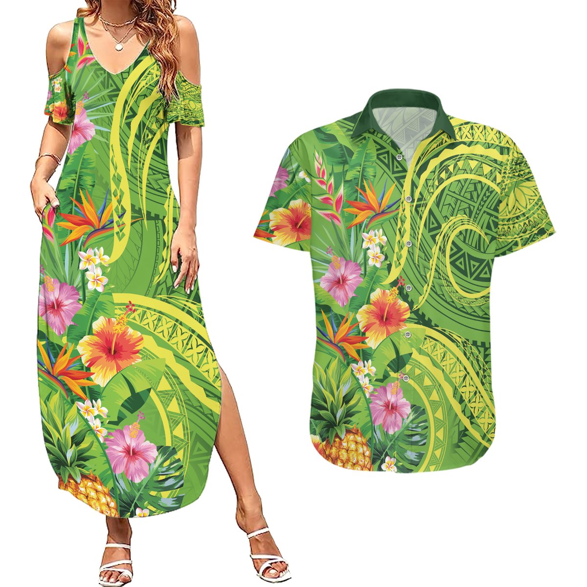Polynesian Tribal Flower Tattoo Couples Matching Summer Maxi Dress and Hawaiian Shirt Special Lime Green Vibe