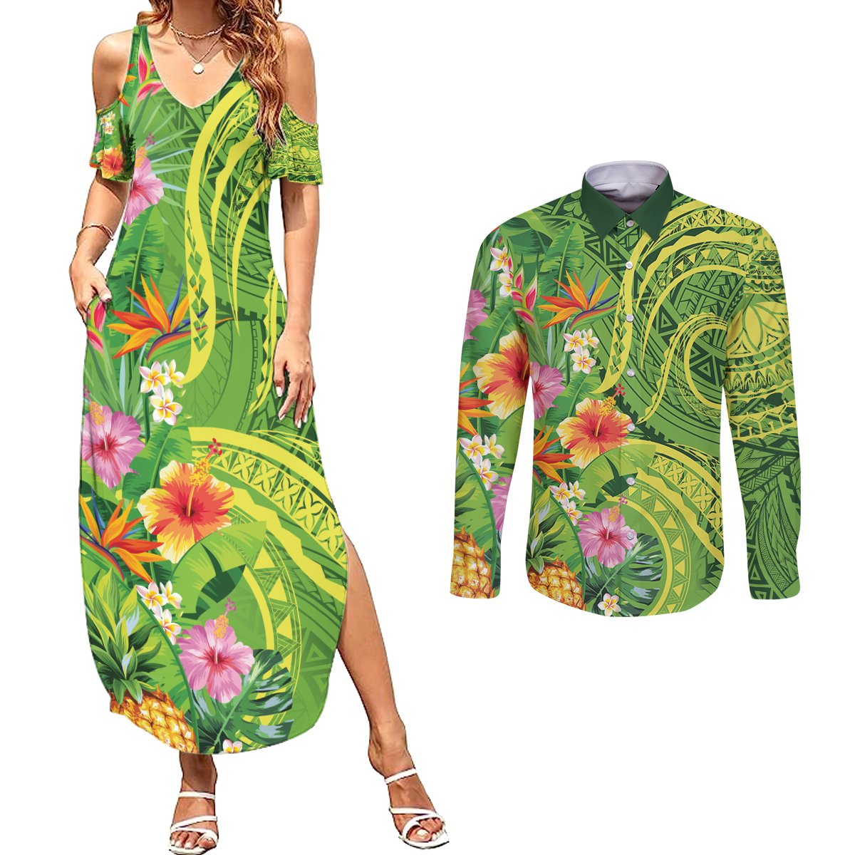 Polynesian Tribal Flower Tattoo Couples Matching Summer Maxi Dress and Long Sleeve Button Shirt Special Lime Green Vibe