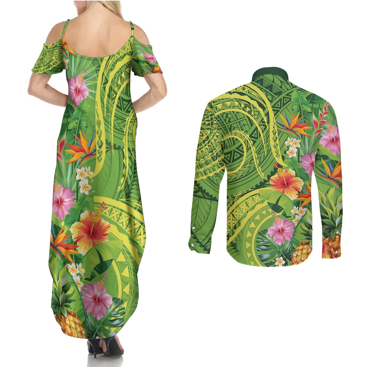 Polynesian Tribal Flower Tattoo Couples Matching Summer Maxi Dress and Long Sleeve Button Shirt Special Lime Green Vibe