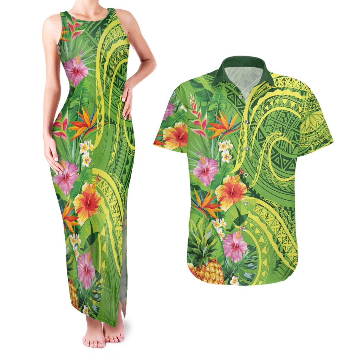 Polynesian Tribal Flower Tattoo Couples Matching Tank Maxi Dress and Hawaiian Shirt Special Lime Green Vibe