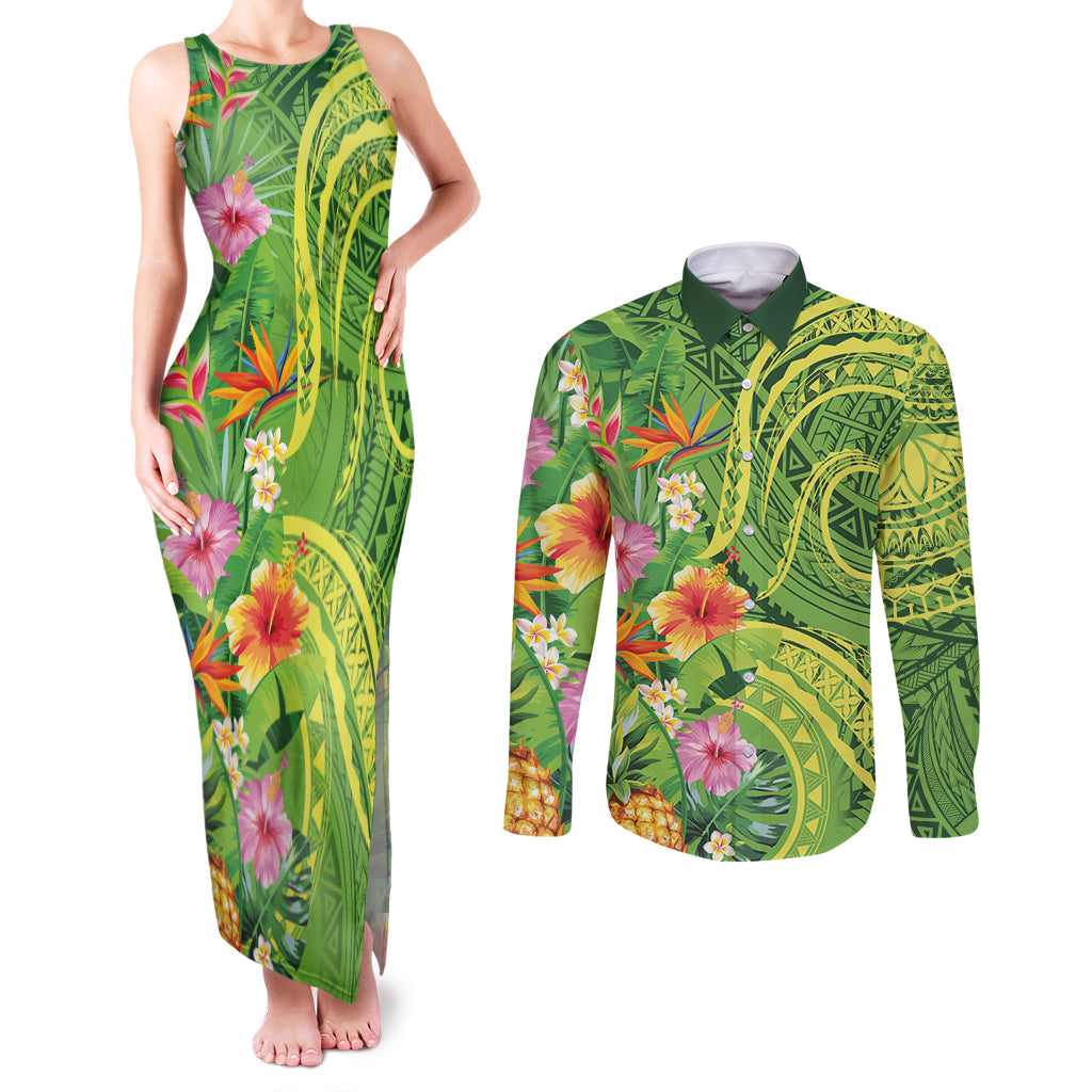 Polynesian Tribal Flower Tattoo Couples Matching Tank Maxi Dress and Long Sleeve Button Shirt Special Lime Green Vibe