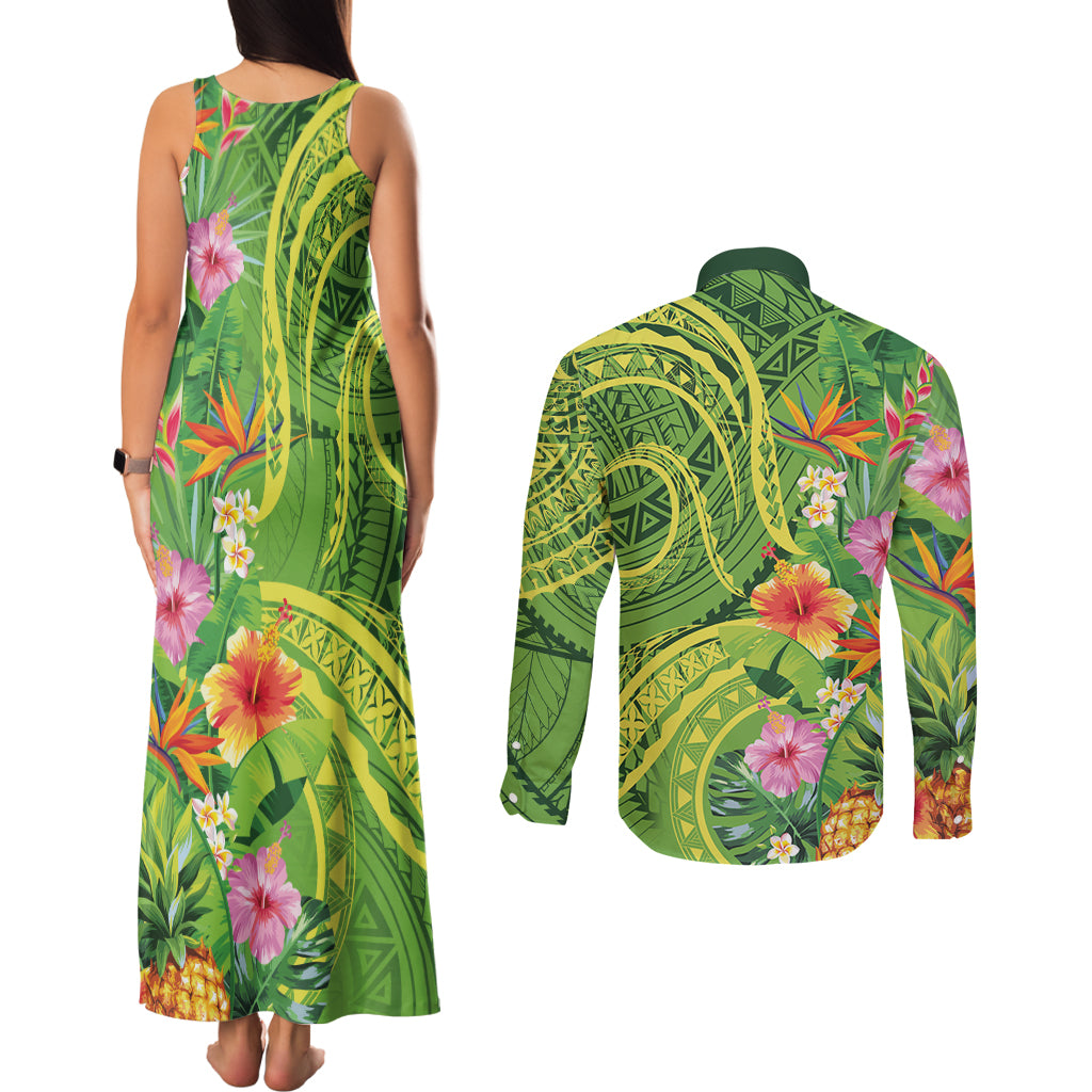 Polynesian Tribal Flower Tattoo Couples Matching Tank Maxi Dress and Long Sleeve Button Shirt Special Lime Green Vibe