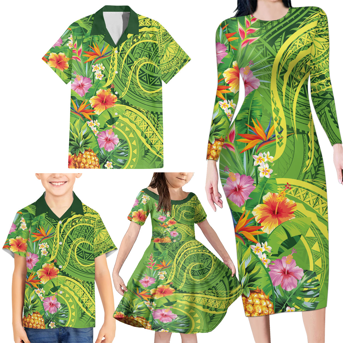 Polynesian Tribal Flower Tattoo Family Matching Long Sleeve Bodycon Dress and Hawaiian Shirt Special Lime Green Vibe LT9 - Polynesian Pride