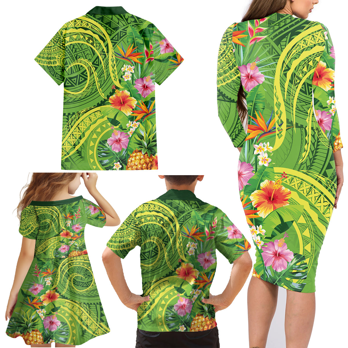 Polynesian Tribal Flower Tattoo Family Matching Long Sleeve Bodycon Dress and Hawaiian Shirt Special Lime Green Vibe LT9 - Polynesian Pride