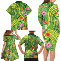 Polynesian Tribal Flower Tattoo Family Matching Long Sleeve Bodycon Dress and Hawaiian Shirt Special Lime Green Vibe LT9 - Polynesian Pride