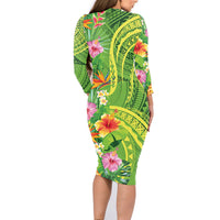 Polynesian Tribal Flower Tattoo Family Matching Long Sleeve Bodycon Dress and Hawaiian Shirt Special Lime Green Vibe LT9 - Polynesian Pride