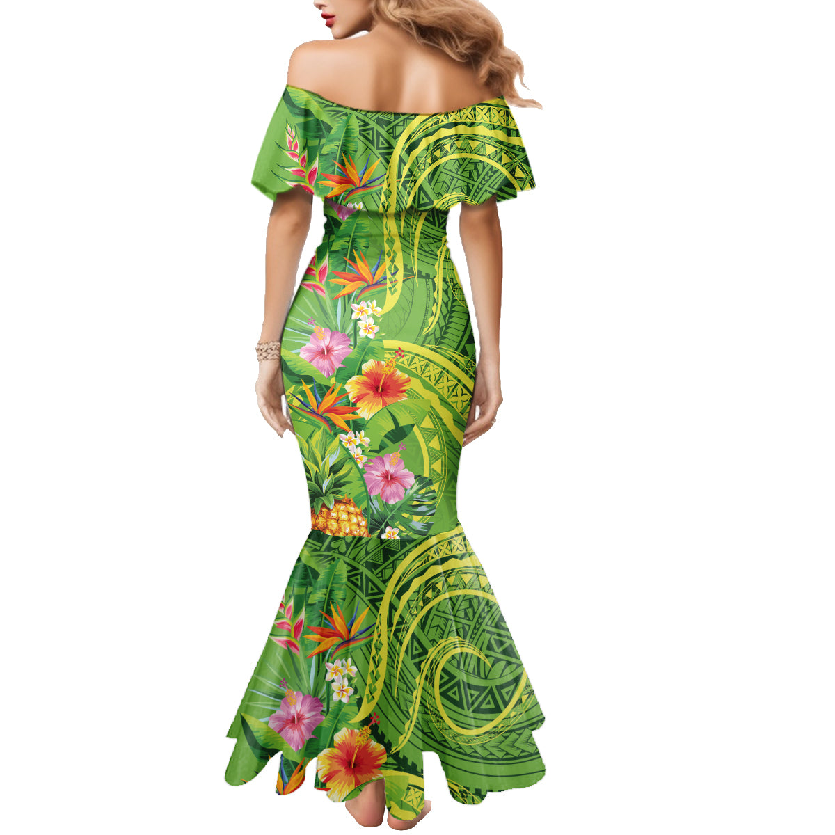 Polynesian Tribal Flower Tattoo Family Matching Mermaid Dress and Hawaiian Shirt Special Lime Green Vibe LT9 - Polynesian Pride