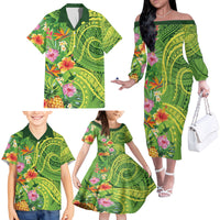 Polynesian Tribal Flower Tattoo Family Matching Off The Shoulder Long Sleeve Dress and Hawaiian Shirt Special Lime Green Vibe LT9 - Polynesian Pride