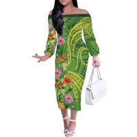 Polynesian Tribal Flower Tattoo Family Matching Off The Shoulder Long Sleeve Dress and Hawaiian Shirt Special Lime Green Vibe LT9 Mom's Dress Lime Green - Polynesian Pride