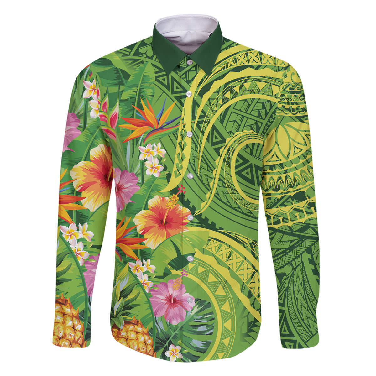Polynesian Tribal Flower Tattoo Family Matching Off Shoulder Maxi Dress and Hawaiian Shirt Special Lime Green Vibe LT9 Dad's Shirt - Long Sleeve Lime Green - Polynesian Pride