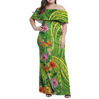 Polynesian Tribal Flower Tattoo Family Matching Off Shoulder Maxi Dress and Hawaiian Shirt Special Lime Green Vibe LT9 Mom's Dress Lime Green - Polynesian Pride