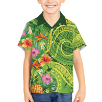 Polynesian Tribal Flower Tattoo Family Matching Off Shoulder Maxi Dress and Hawaiian Shirt Special Lime Green Vibe LT9 Son's Shirt Lime Green - Polynesian Pride