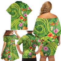 Polynesian Tribal Flower Tattoo Family Matching Off Shoulder Short Dress and Hawaiian Shirt Special Lime Green Vibe LT9 - Polynesian Pride