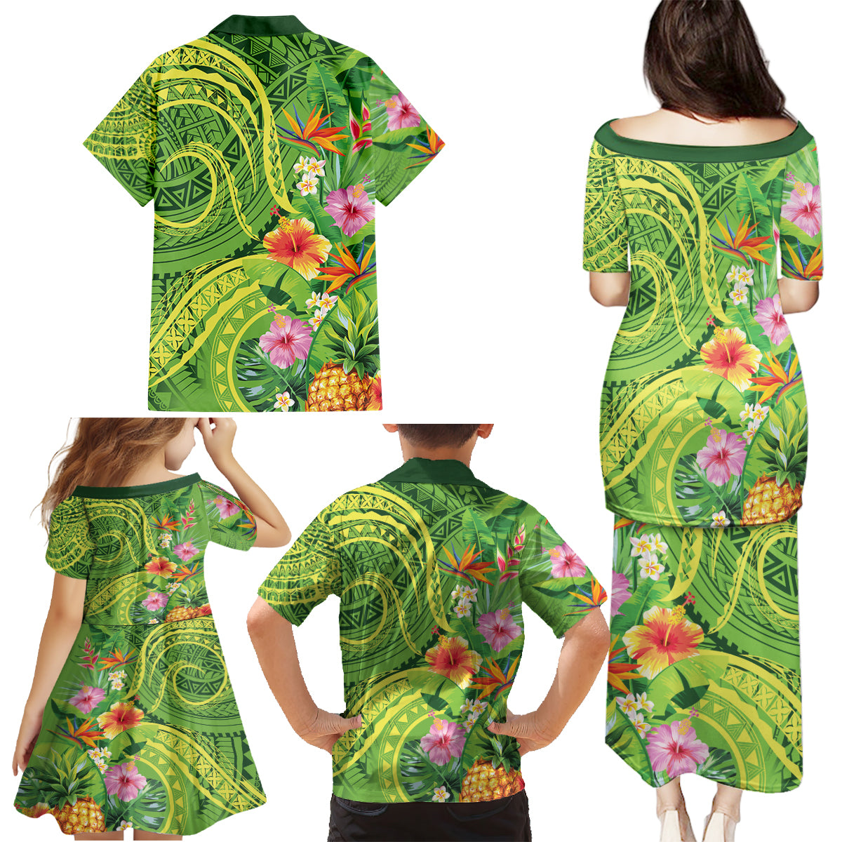 Polynesian Tribal Flower Tattoo Family Matching Puletasi and Hawaiian Shirt Special Lime Green Vibe LT9 - Polynesian Pride