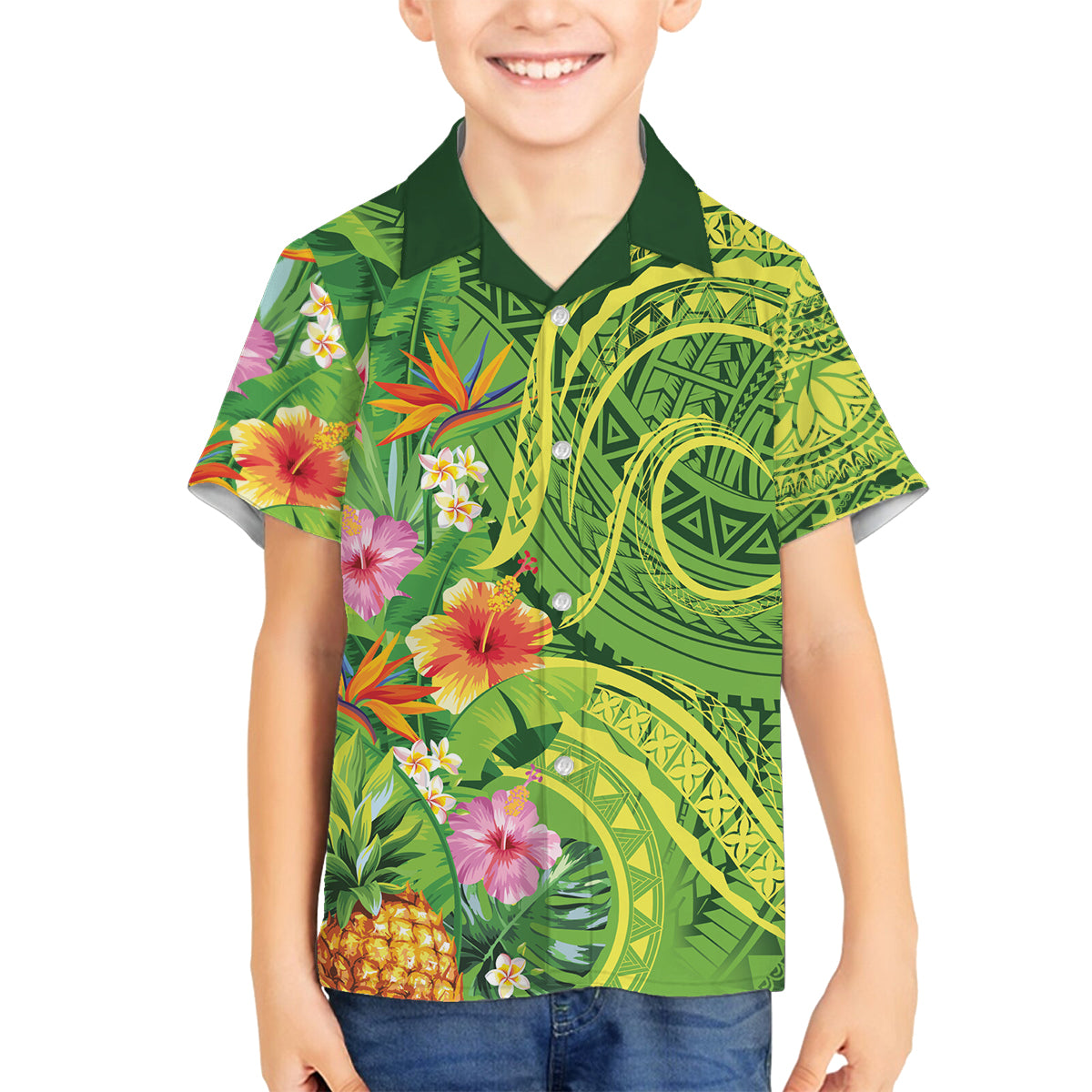 Polynesian Tribal Flower Tattoo Family Matching Puletasi and Hawaiian Shirt Special Lime Green Vibe LT9 Son's Shirt Lime Green - Polynesian Pride