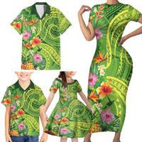 Polynesian Tribal Flower Tattoo Family Matching Short Sleeve Bodycon Dress and Hawaiian Shirt Special Lime Green Vibe LT9 - Polynesian Pride
