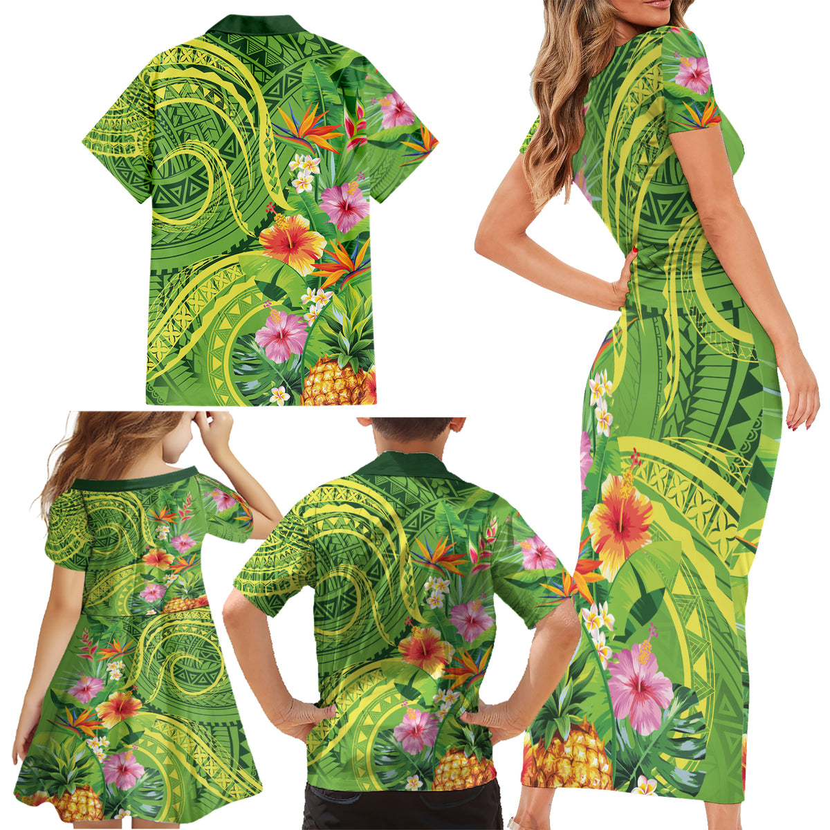 Polynesian Tribal Flower Tattoo Family Matching Short Sleeve Bodycon Dress and Hawaiian Shirt Special Lime Green Vibe LT9 - Polynesian Pride