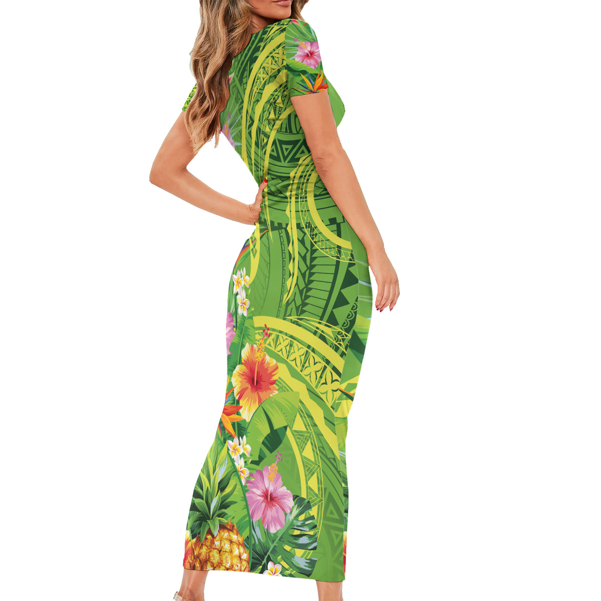 Polynesian Tribal Flower Tattoo Family Matching Short Sleeve Bodycon Dress and Hawaiian Shirt Special Lime Green Vibe LT9 - Polynesian Pride