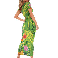 Polynesian Tribal Flower Tattoo Family Matching Short Sleeve Bodycon Dress and Hawaiian Shirt Special Lime Green Vibe LT9 - Polynesian Pride
