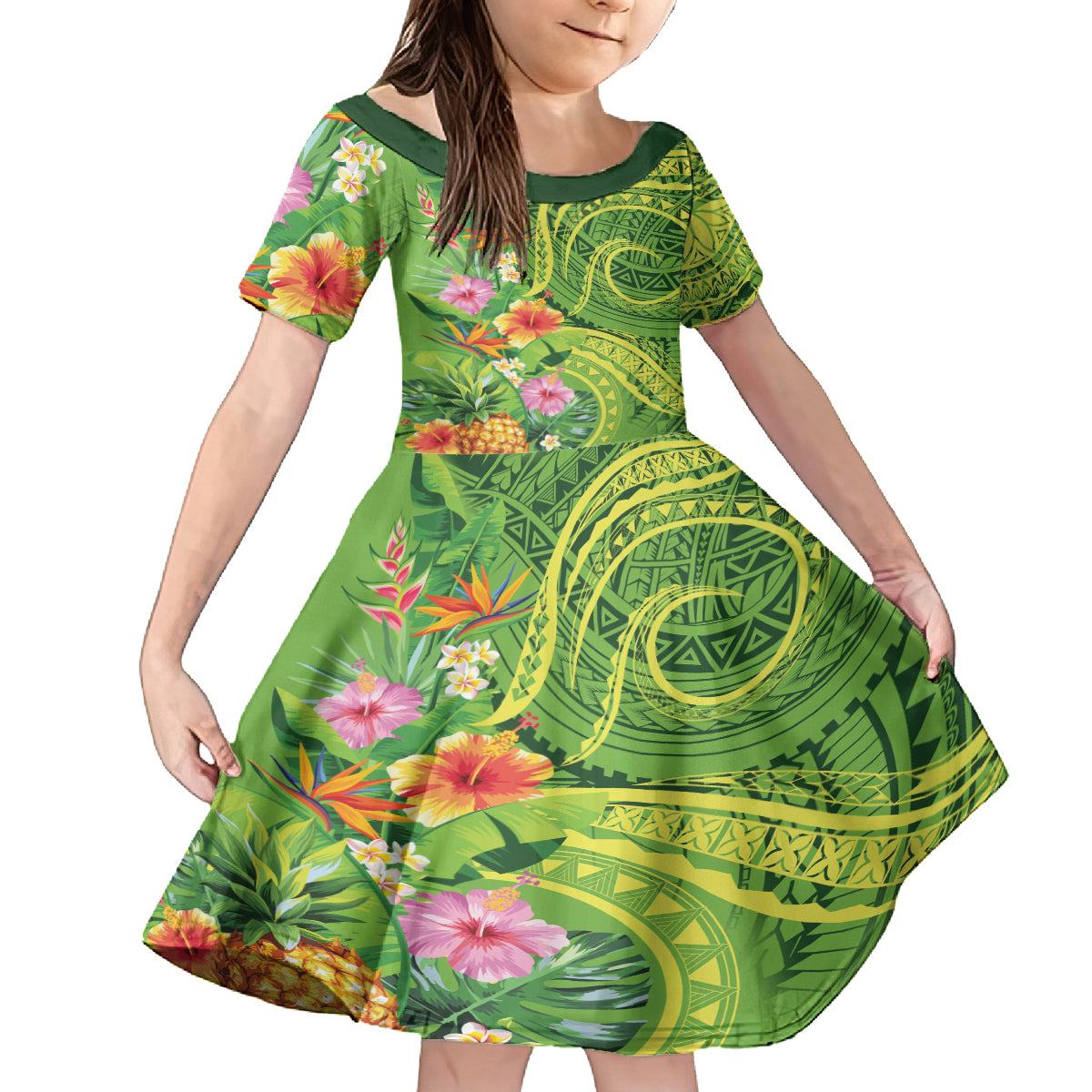 Polynesian Tribal Flower Tattoo Family Matching Summer Maxi Dress and Hawaiian Shirt Special Lime Green Vibe LT9 Daughter's Dress Lime Green - Polynesian Pride