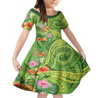 Polynesian Tribal Flower Tattoo Family Matching Summer Maxi Dress and Hawaiian Shirt Special Lime Green Vibe LT9 Daughter's Dress Lime Green - Polynesian Pride