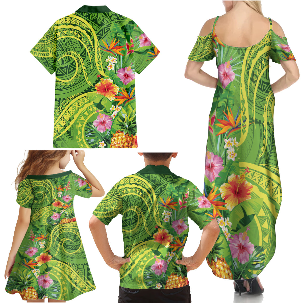 Polynesian Tribal Flower Tattoo Family Matching Summer Maxi Dress and Hawaiian Shirt Special Lime Green Vibe LT9 - Polynesian Pride