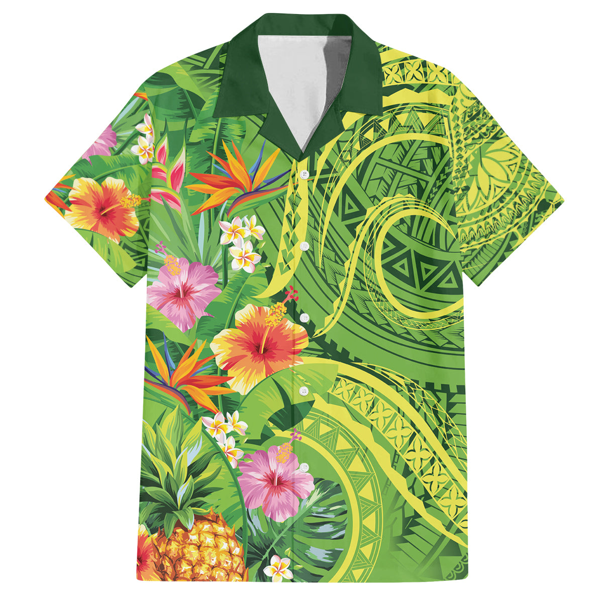 Polynesian Tribal Flower Tattoo Family Matching Tank Maxi Dress and Hawaiian Shirt Special Lime Green Vibe LT9 Dad's Shirt - Short Sleeve Lime Green - Polynesian Pride