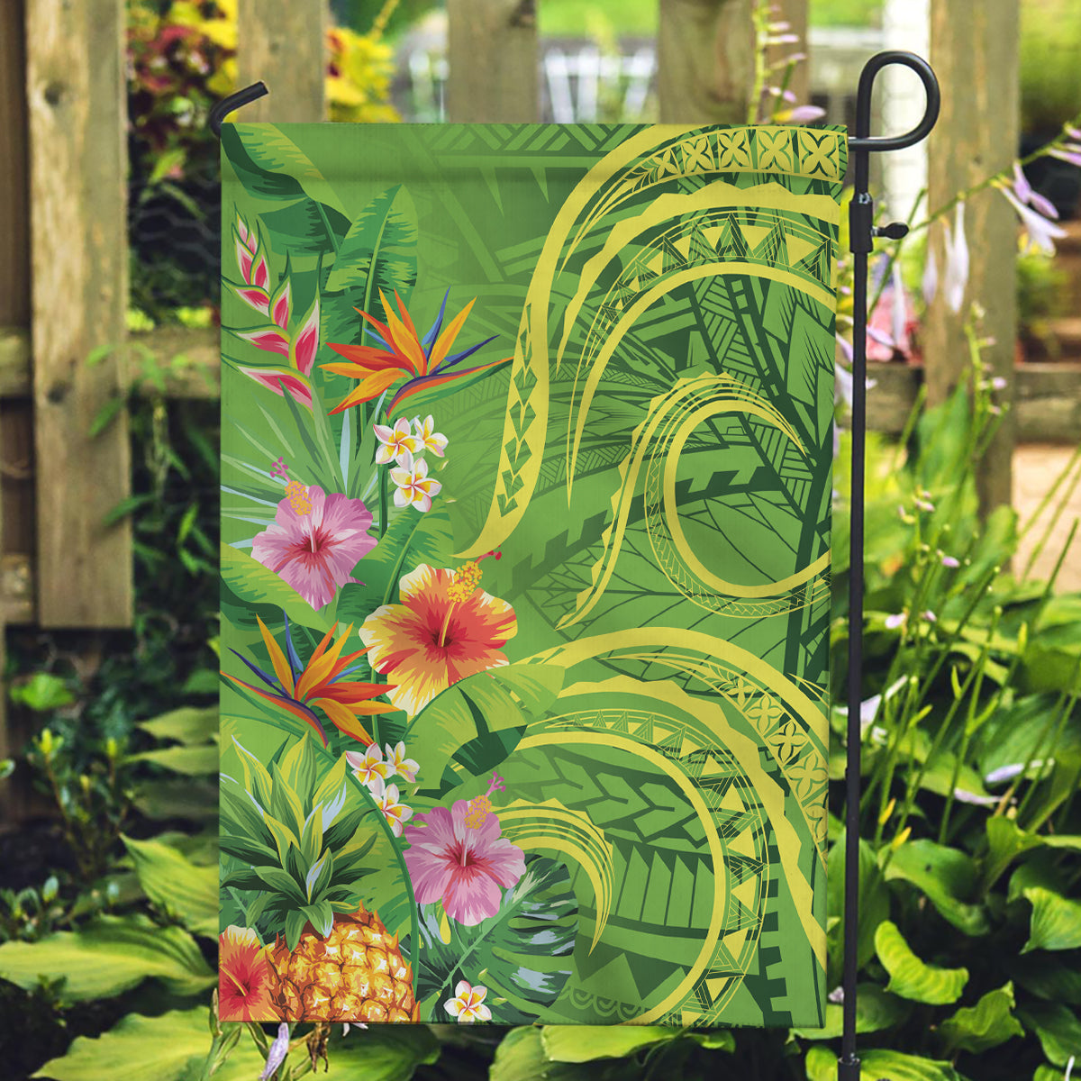 Polynesian Tribal Flower Tattoo Garden Flag Special Lime Green Vibe LT9 Garden Flag Lime Green - Polynesian Pride