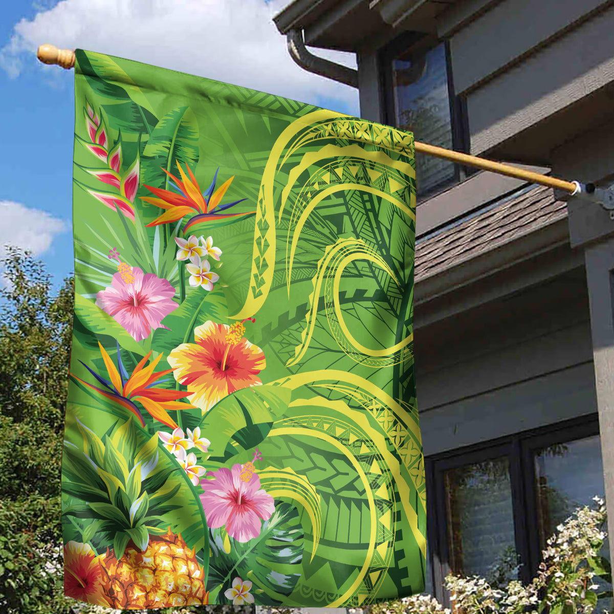 Polynesian Tribal Flower Tattoo Garden Flag Special Lime Green Vibe LT9 - Polynesian Pride
