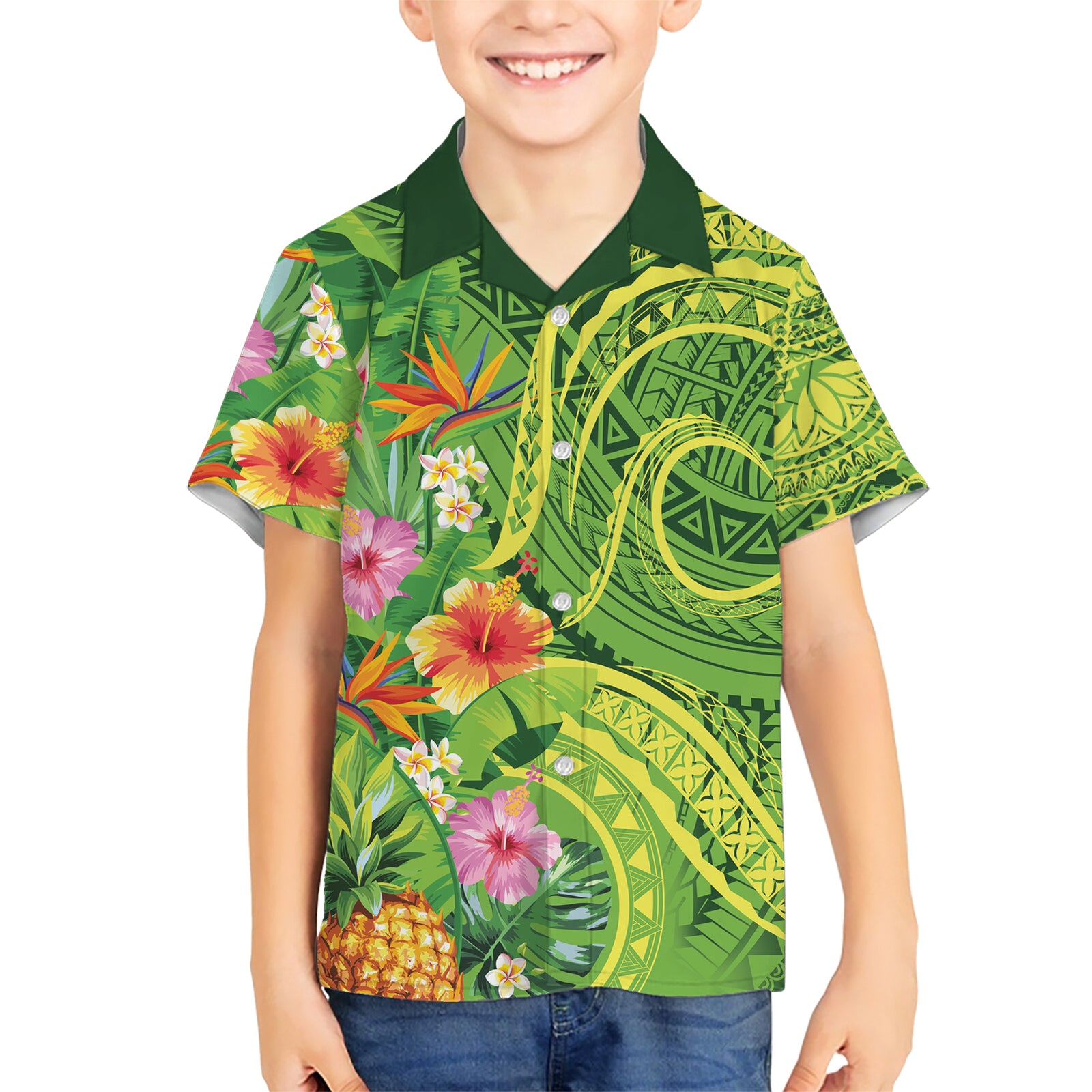 Polynesian Tribal Flower Tattoo Kid Hawaiian Shirt Special Lime Green Vibe LT9 Kid Lime Green - Polynesian Pride