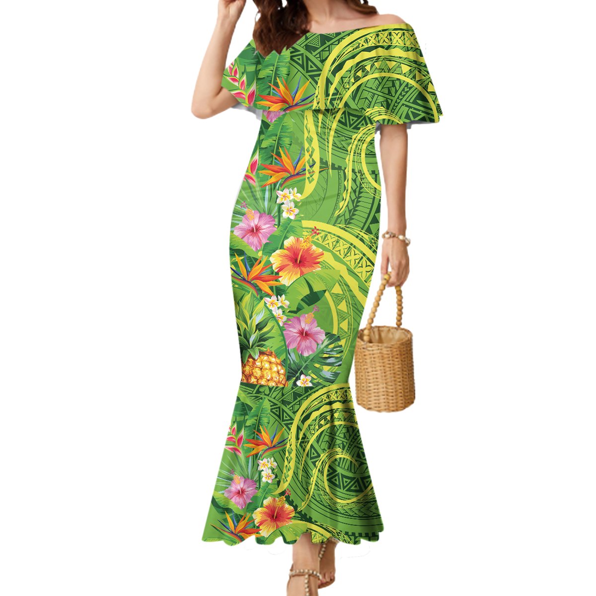 Polynesian Tribal Flower Tattoo Mermaid Dress Special Lime Green Vibe LT9 Women Lime Green - Polynesian Pride