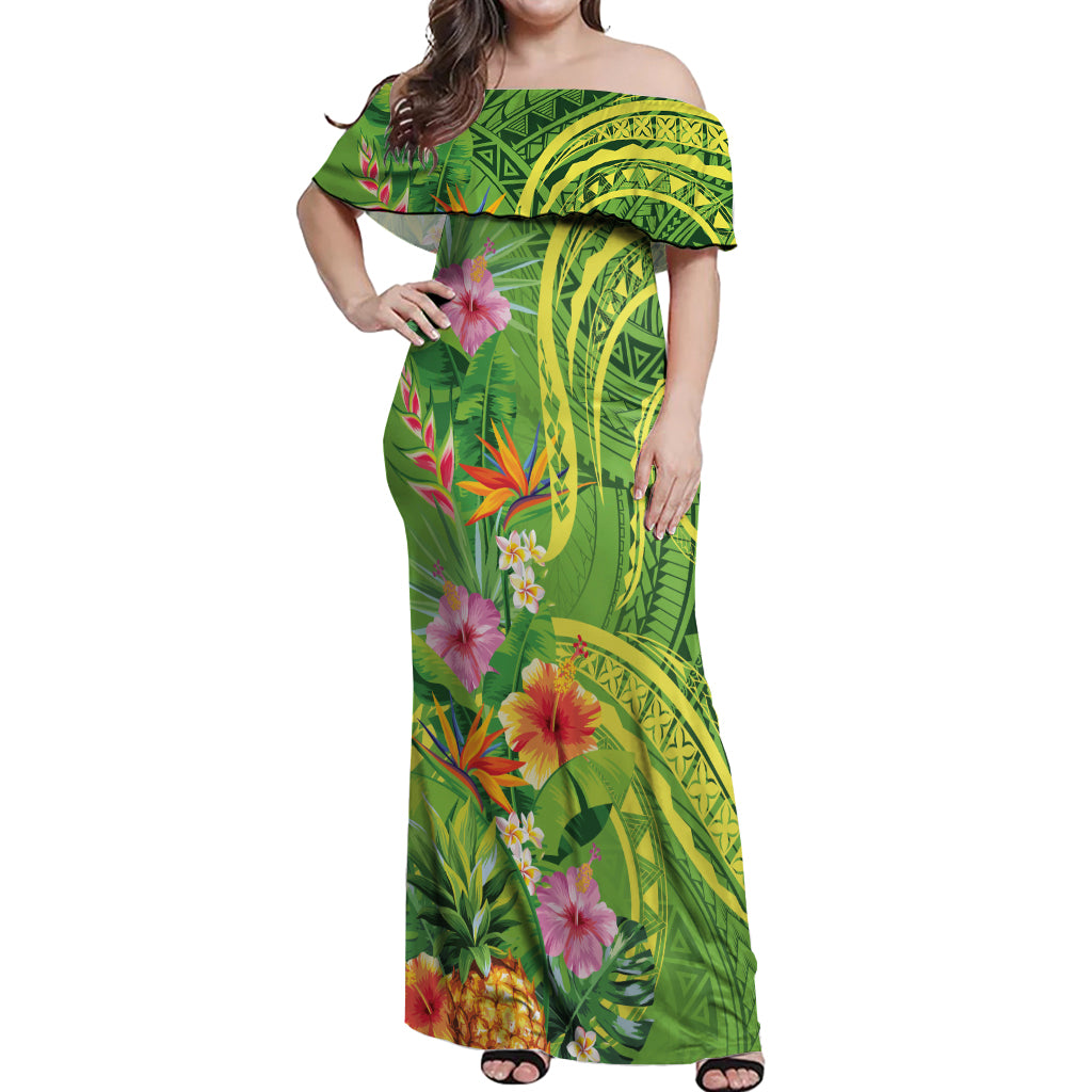 Polynesian Tribal Flower Tattoo Off Shoulder Maxi Dress Special Lime Green Vibe LT9 Women Lime Green - Polynesian Pride